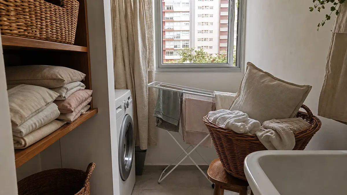 Área de serviço compacta com cesto de capas de linho lavado, prateleira de madeira e varal dobrável.