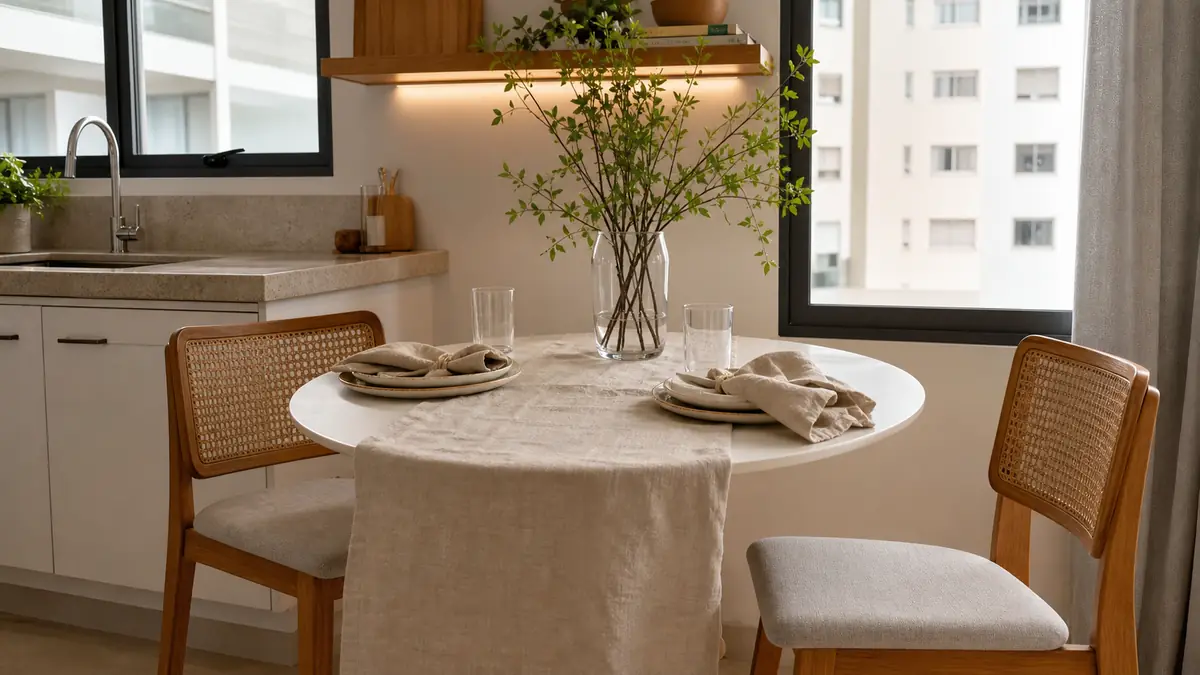 Mesa pequena perto da cozinha com caminho de mesa e guardanapos de linho lavado em tom natural.