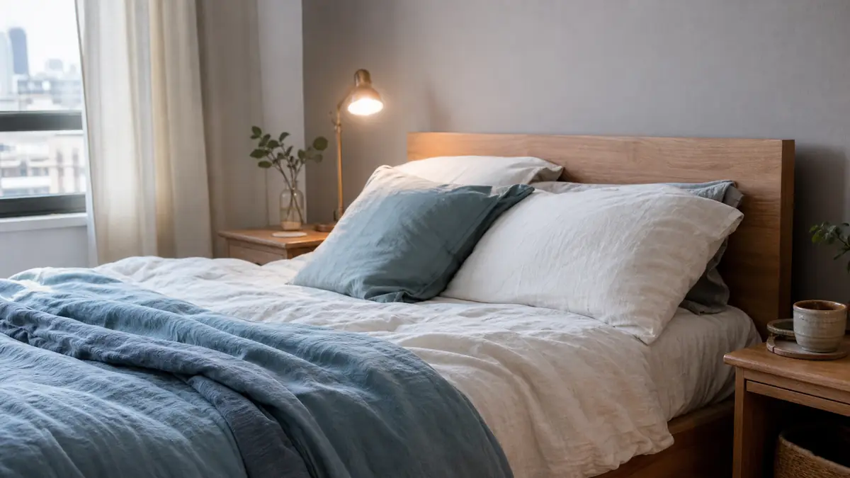 Quarto pequeno com roupa de cama em linho lavado branco e azul suave, cabeceira de madeira e luz quente.