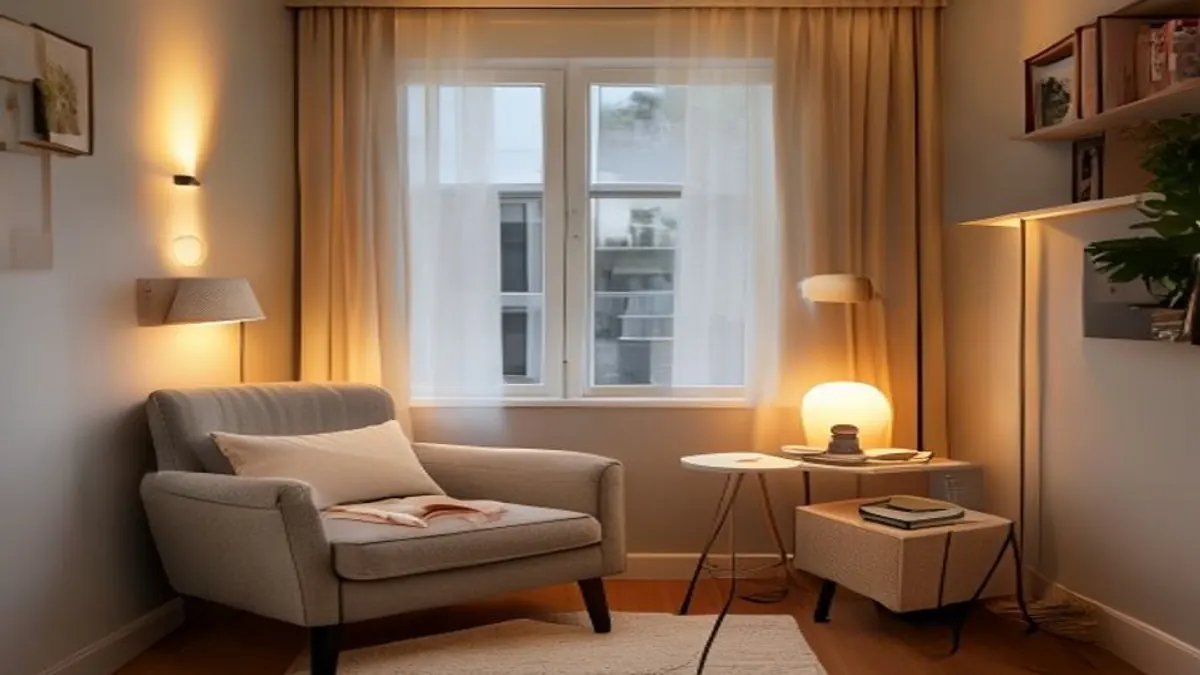 Canto de leitura com poltrona, arandela plugada, abajur e luz quente em apartamento alugado.