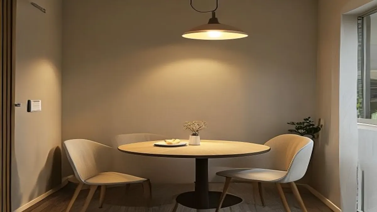 Canto de jantar pequeno com mesa redonda, duas cadeiras e luminária pendente acesa.