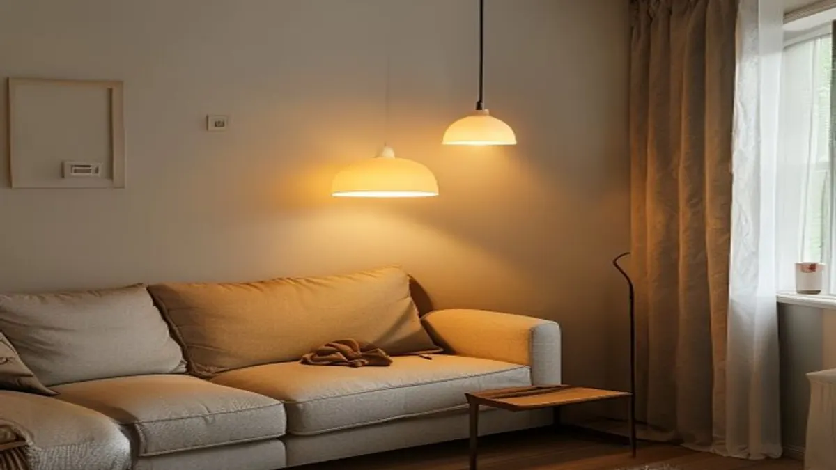 Sala compacta com luminárias pendentes plugadas, sofá claro e luz quente perto da janela.