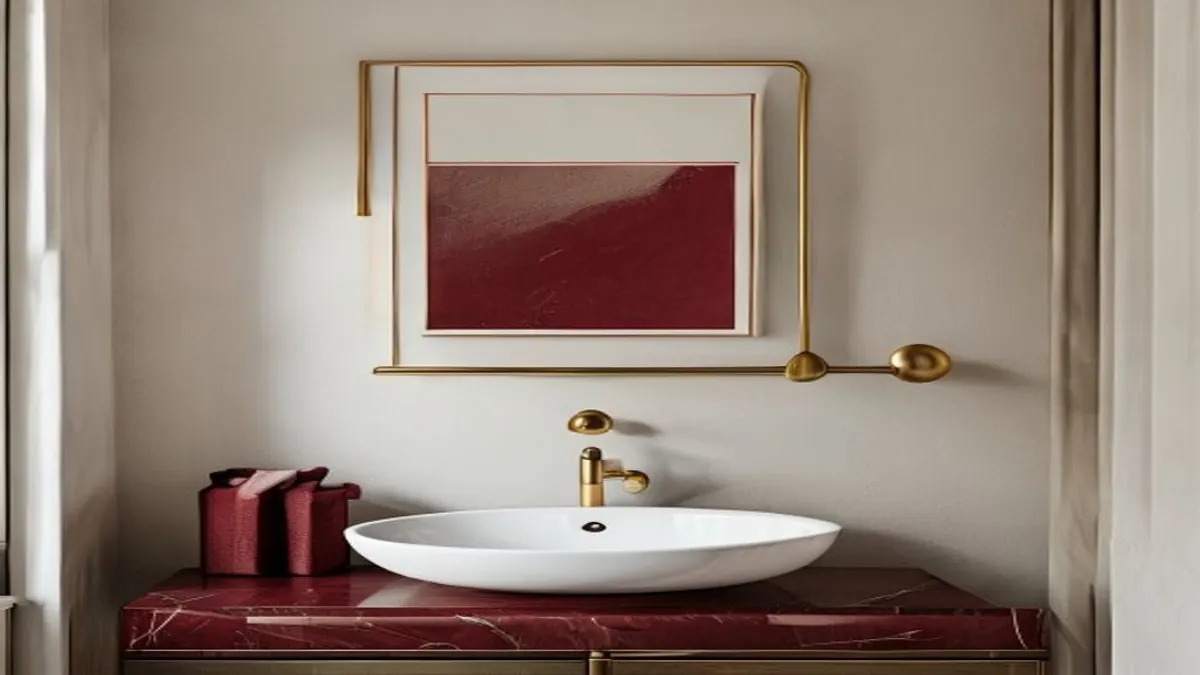 Lavabo neutro com superfície em mármore vermelho, metal dourado e poucos acessórios.