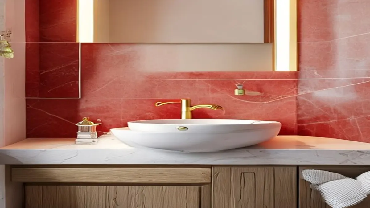 Detalhe de lavabo com faixa de mármore vermelho, cuba branca, metal dourado e madeira clara.