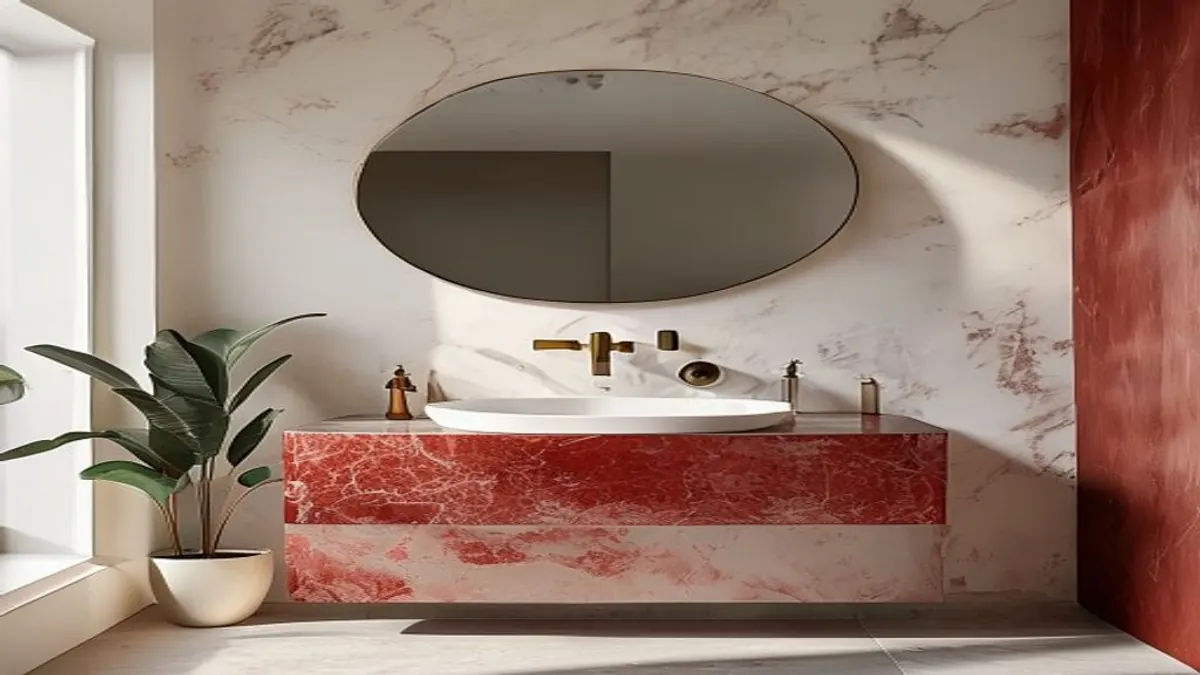 Lavabo compacto com painel marmorizado vermelho atrás do espelho e bancada clara.