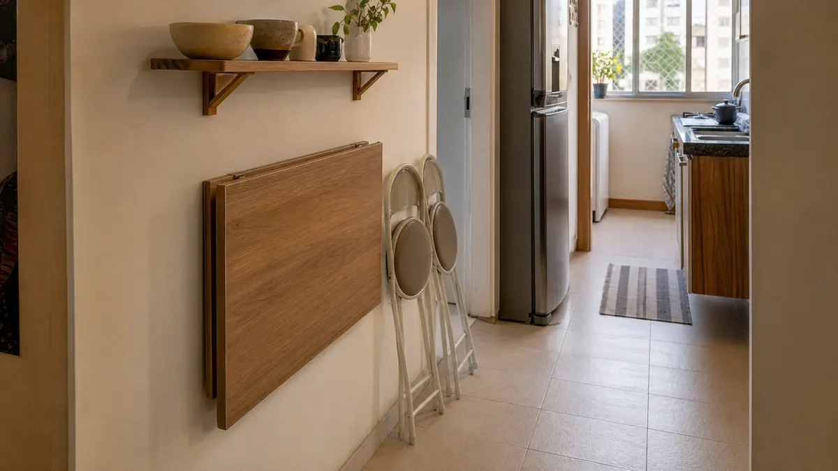 Mesa dobrável de madeira fechada na parede de cozinha compacta com cadeiras leves guardadas ao lado e corredor livre.