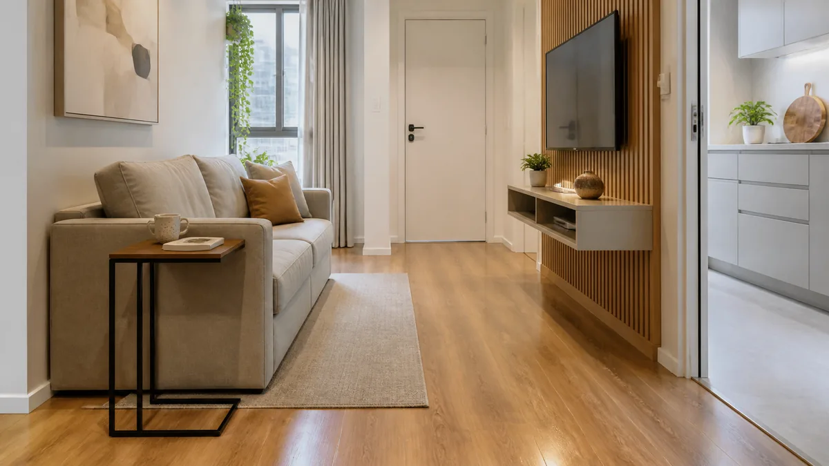Sala pequena com mesa lateral em formato de C encaixada junto ao sofá e passagem livre até a porta.