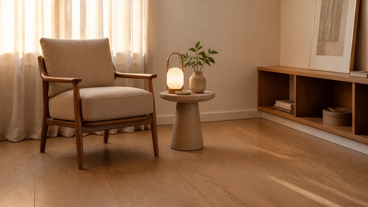 Poltrona de madeira e linho ao lado de mesa lateral pedestal com luminária portátil, vaso e poucos objetos.