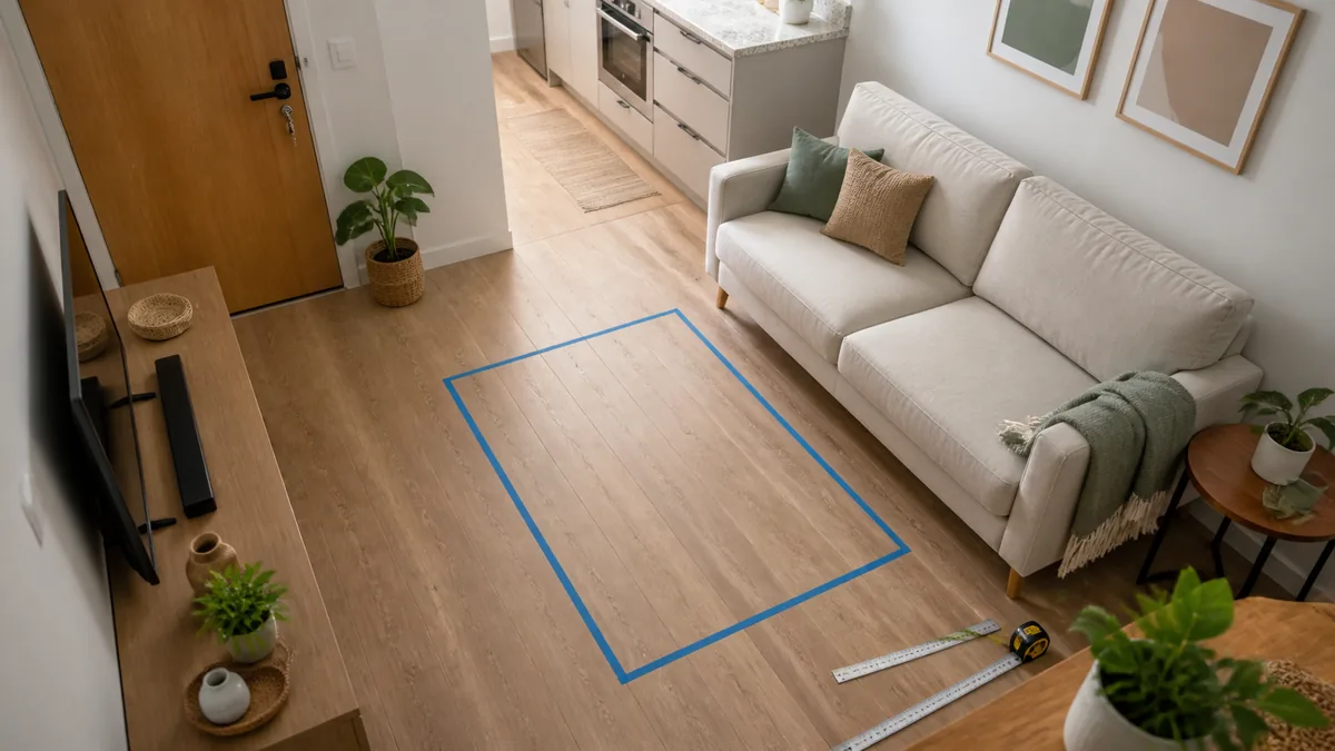 Teste com fita crepe no piso de uma sala pequena para avaliar o espaço de uma mesa de centro antes da compra.