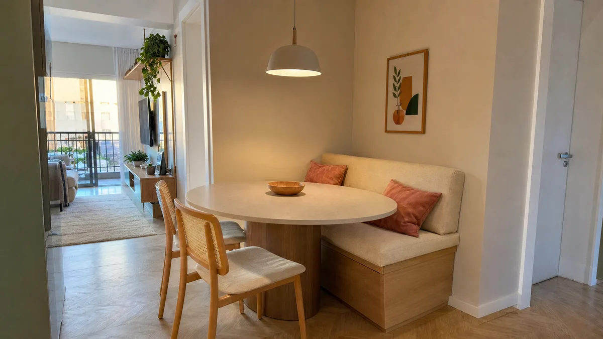 Mesa redonda clara em canto de apartamento com banco estofado junto à parede, duas cadeiras leves e passagem para a sala.