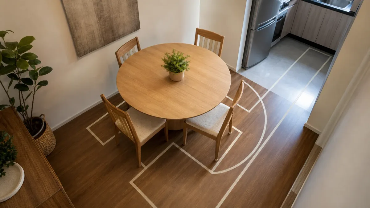 Vista elevada de mesa redonda em sala compacta com fita crepe marcando o espaço das cadeiras e o caminho até a cozinha.