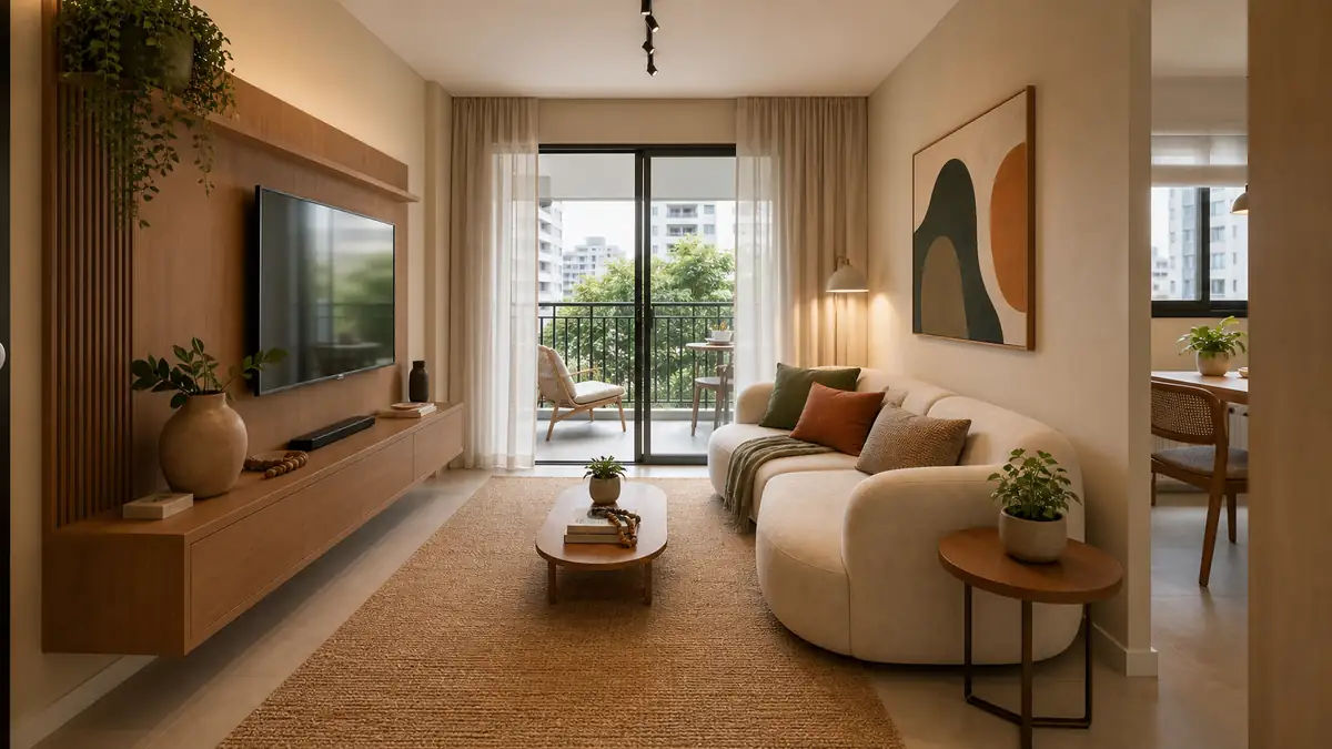 Sala estreita com sofá curvo compacto, rack suspenso e caminho livre entre TV e varanda.