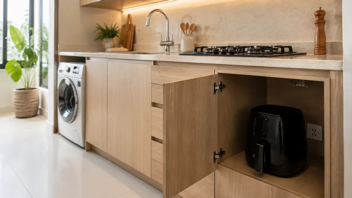Air fryer posicionada em carrinho auxiliar de madeira ao lado da bancada de uma cozinha compacta.
