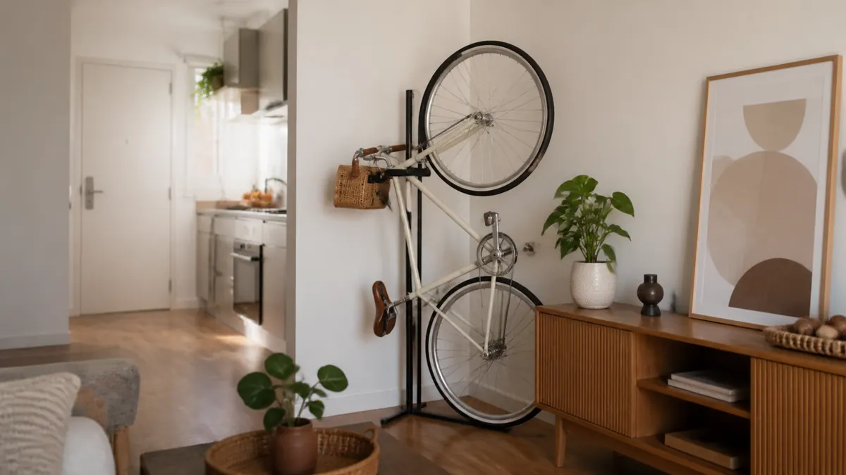 Bicicleta urbana em suporte vertical de chão ao lado de um aparador, com corredor livre no apartamento.