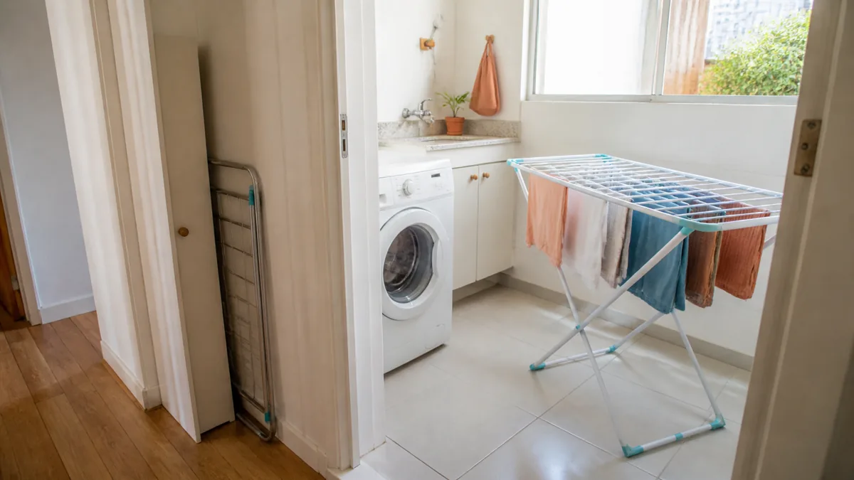 Lavanderia compacta mostrando o varal de chão em uso e dobrado em uma lateral organizada.