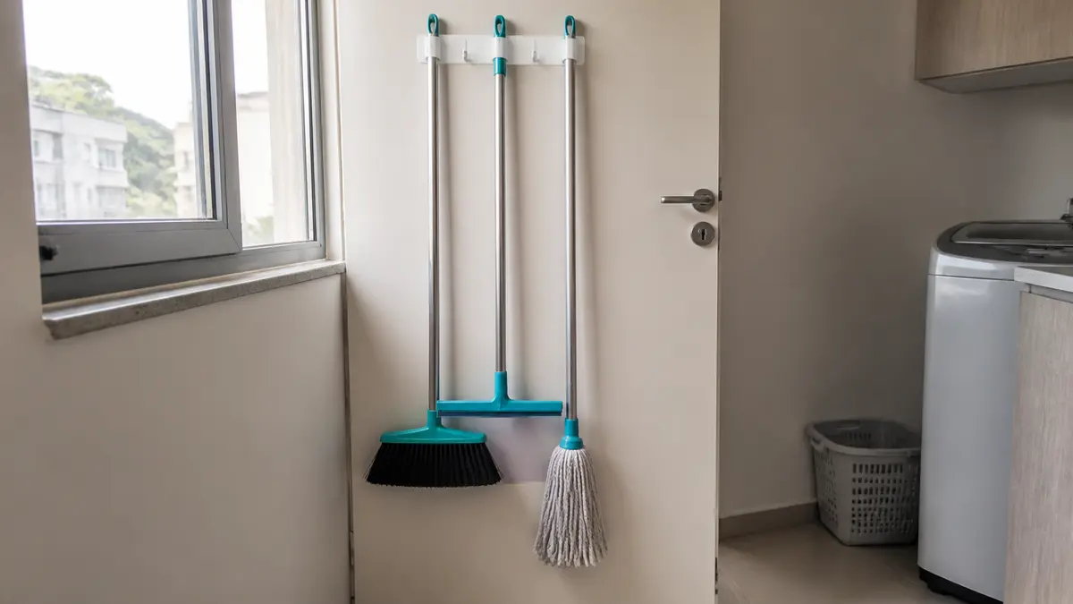 Suporte discreto atrás da porta segurando vassoura, rodo e mop secos em uma lavanderia compacta.