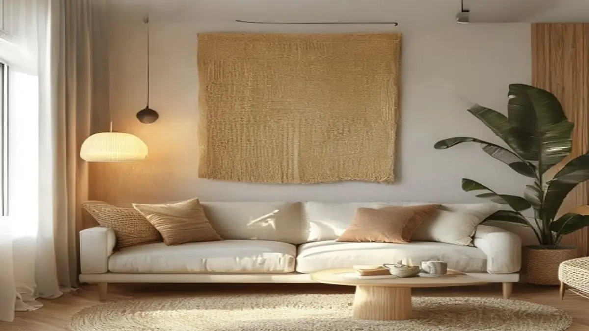 Parede atrás do sofá com painel têxtil removível, luz quente e materiais naturais.
