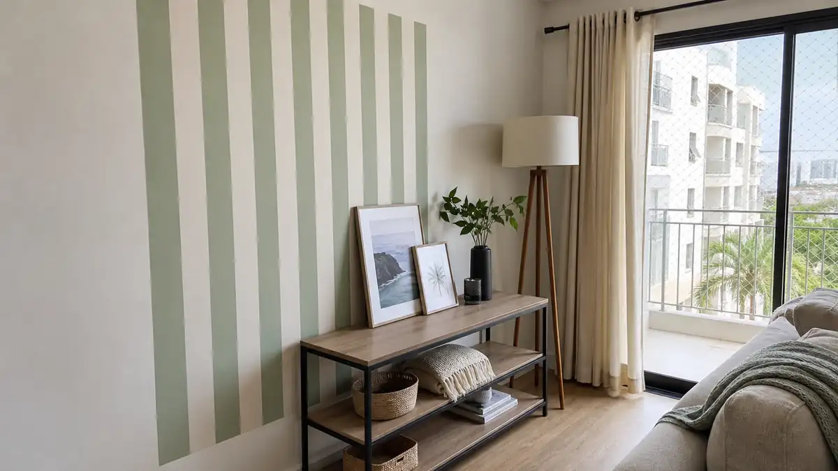 Sala alugada com faixa listrada verde removível, quadros apoiados e luminária de piso.