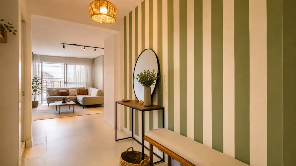 Hall de apartamento pequeno com parede listrada verde, banco estreito e sala ao fundo.