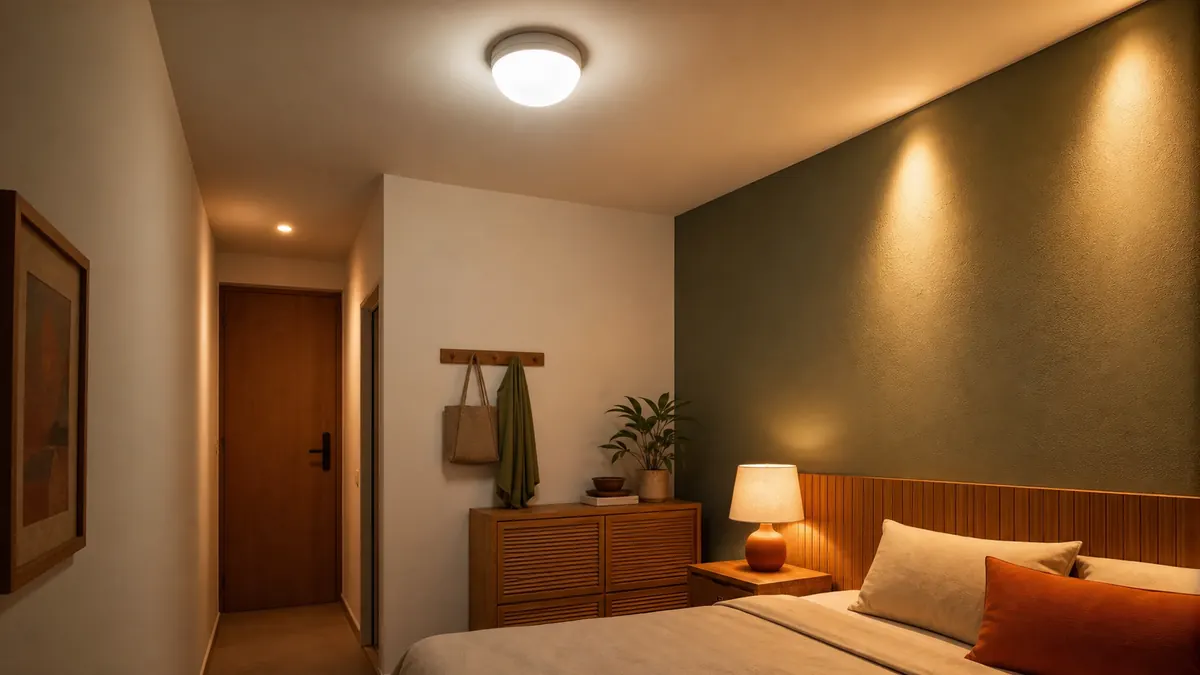 Quarto pequeno com plafon simples no teto, abajur aceso e luz quente valorizando a parede verde.