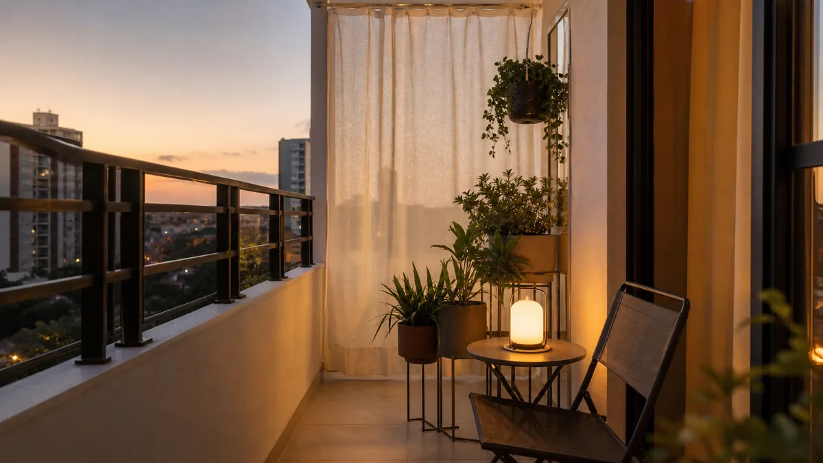 Cortina leve interna, plantas e luminária portátil criando privacidade em varanda alugada.