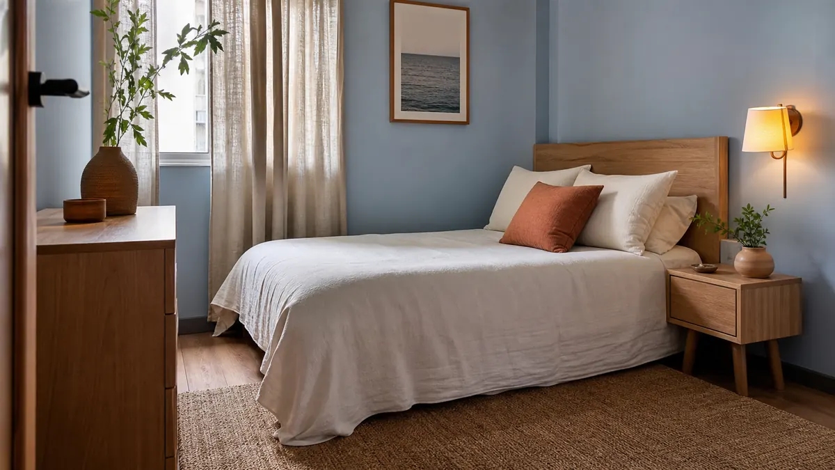 Quarto pequeno com parede azul-clara, cama branca, cabeceira de madeira, almofada terracota e cortina de linho.