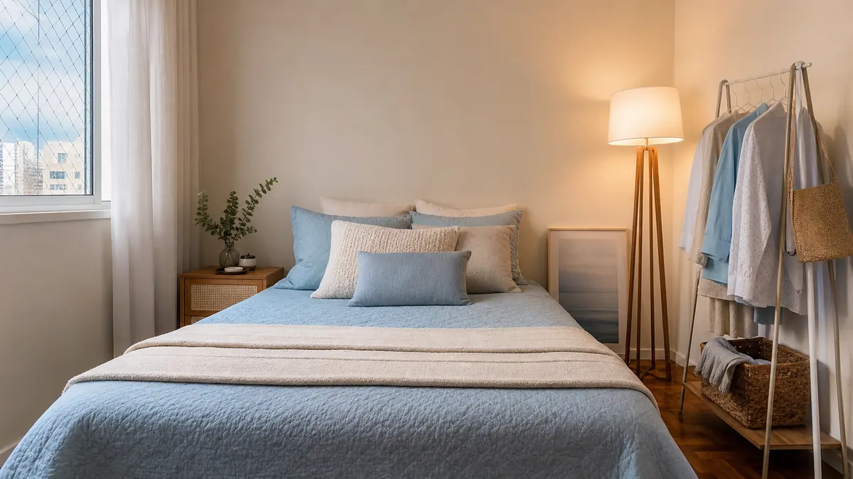 Quarto alugado com roupa de cama azul-clara, parede neutra, quadro apoiado, arara estreita e luminária de piso.