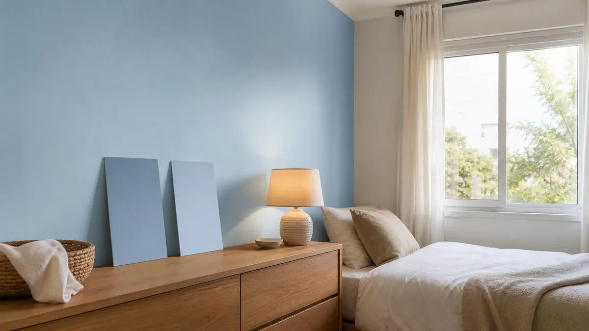 Amostras de azul-claro apoiadas em uma cômoda de madeira ao lado de cama, luz de janela e luminária quente.