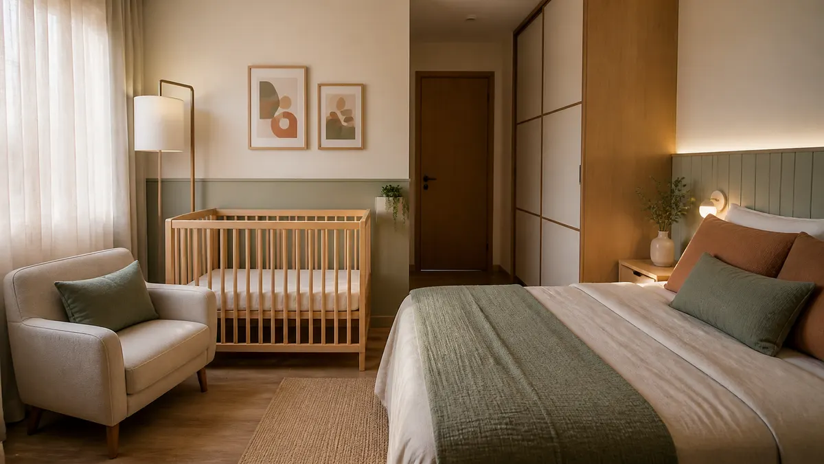 Berço de madeira clara integrado ao quarto dos pais, com poltrona compacta, luz lateral e passagem livre.