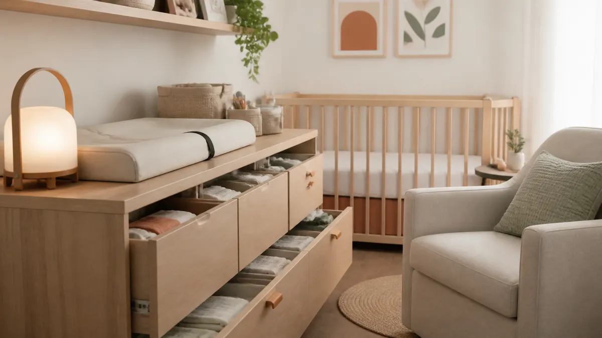 Cômoda de madeira clara com trocador organizado, gavetas de roupas e berço ao fundo em quarto compacto.