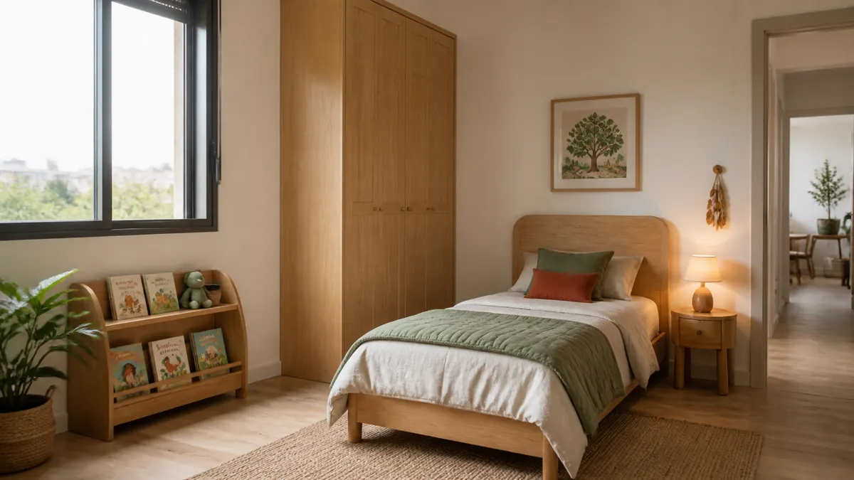 Quarto infantil compacto com cama afastada da janela, armário de madeira fixado, estante baixa e luminária acesa.