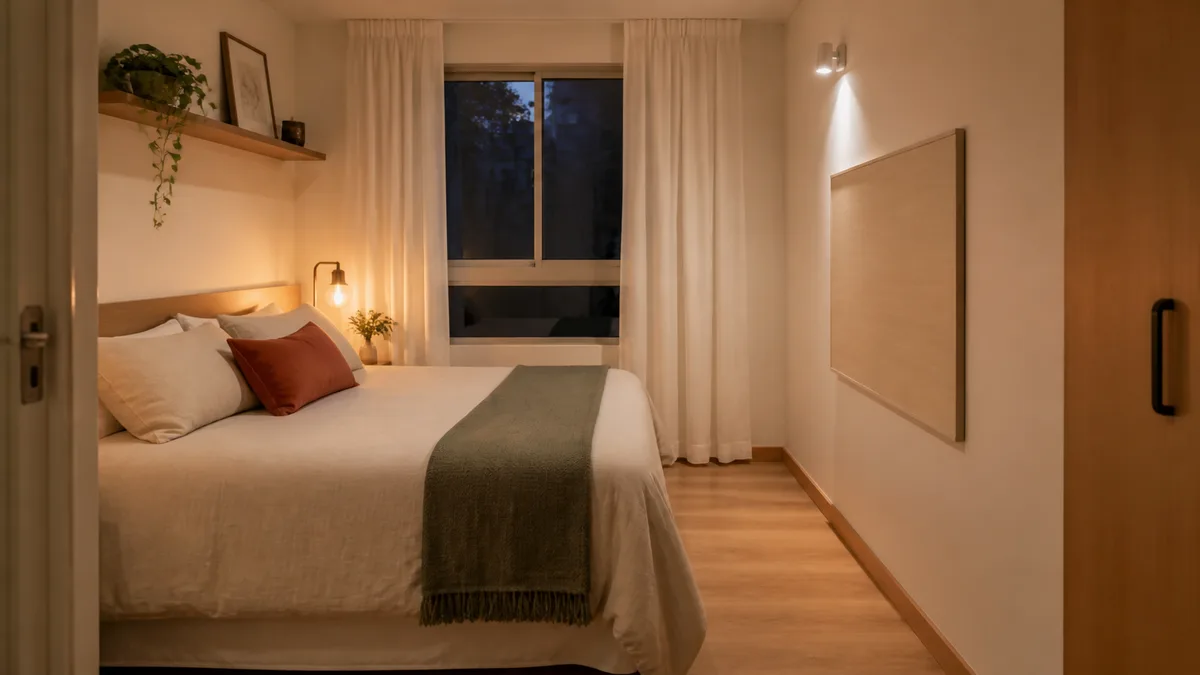 Quarto pequeno com cama de casal, bancada junto à janela e luminária de tarefa acesa sem bloquear a passagem.