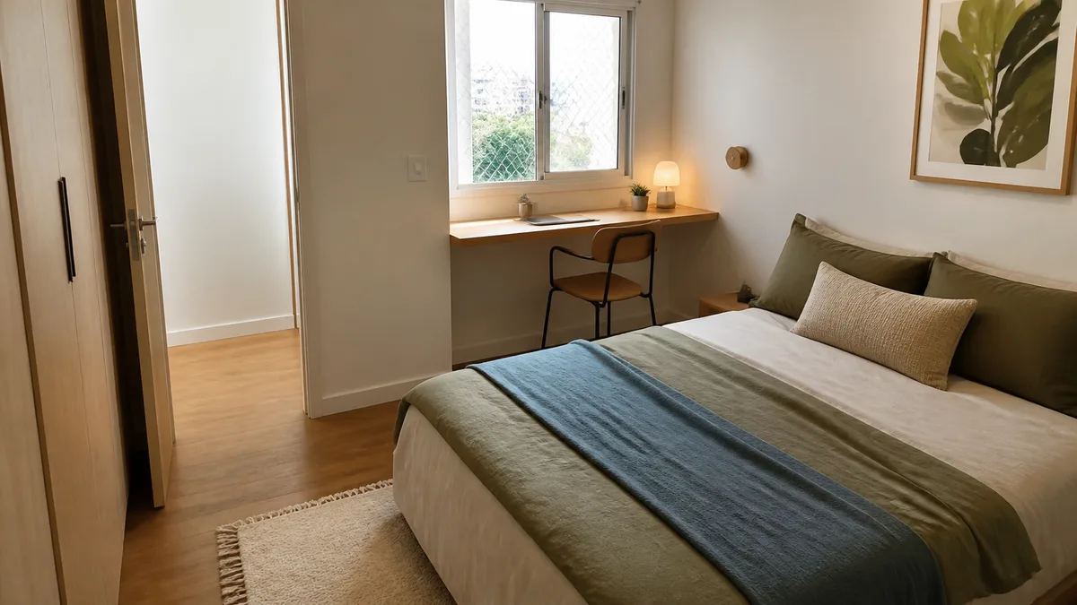 Quarto pequeno com bancada de trabalho na parede da janela, cama de casal e circulação livre até a porta.