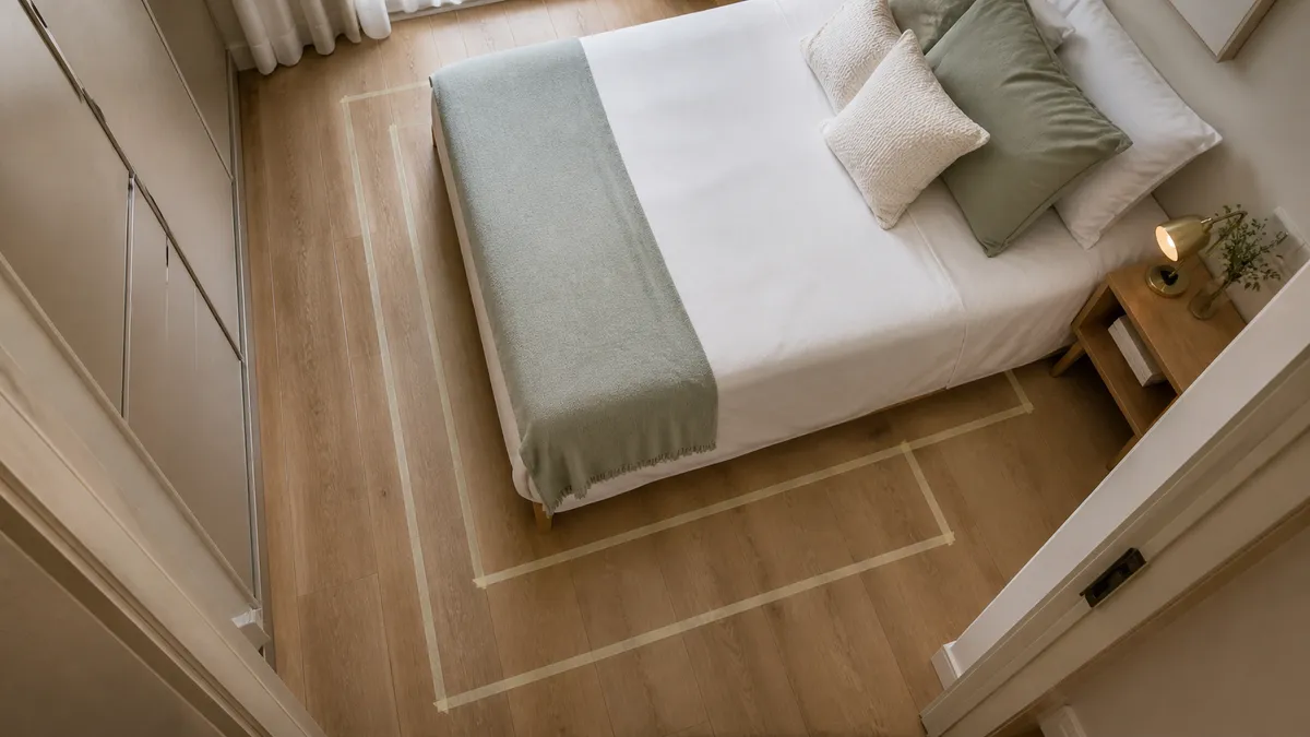 Vista superior de quarto compacto com fita crepe marcando a cama queen e o caminho de circulação até a porta.