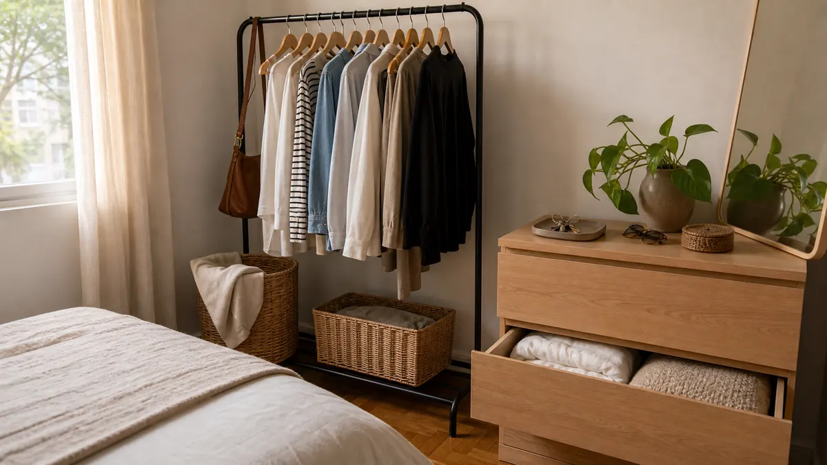 Quarto pequeno com arara preta, roupas em cabides iguais, cômoda de madeira, cestos e espelho apoiado.