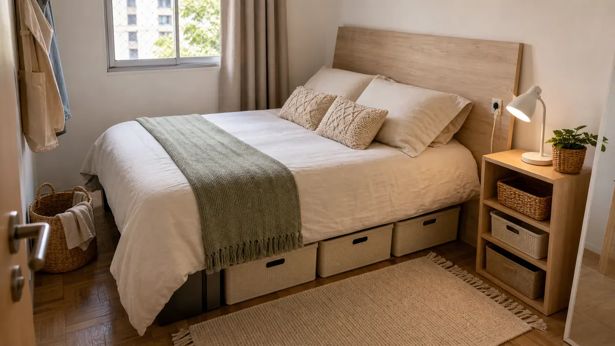 Quarto pequeno com cama clara, caixas organizadoras sob a cama, mesa lateral com cestos e luz quente.
