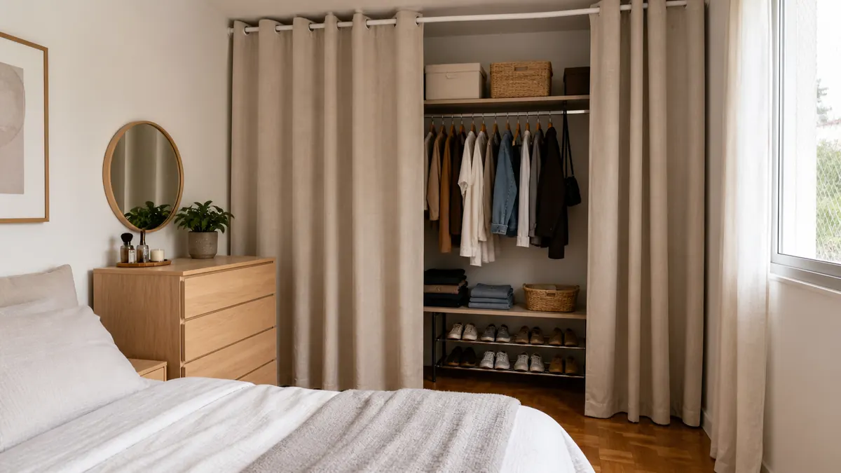 Quarto pequeno com closet aberto parcialmente fechado por cortina de tecido claro, cômoda, espelho redondo e cama branca.