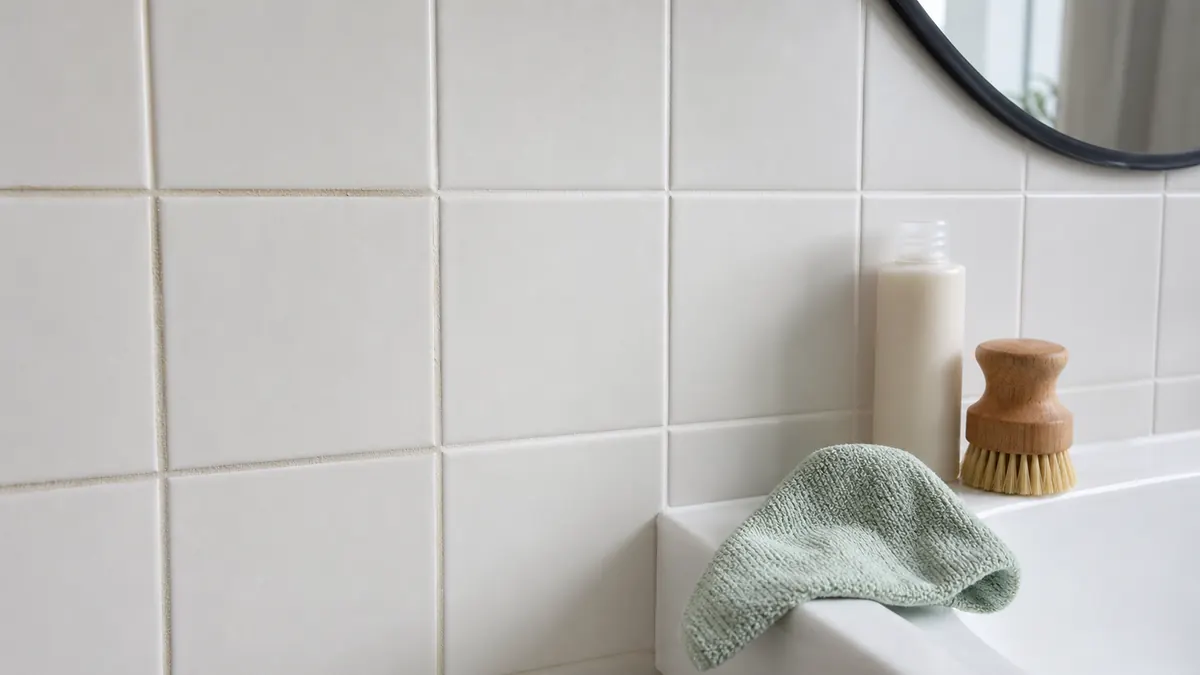 Detalhe de azulejo branco com rejunte limpo, escova macia, pano verde claro e frasco neutro sobre a bancada.