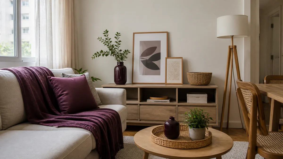 Sala de apartamento alugado com manta, almofada, vaso e quadro apoiado em tons de roxo ameixa.