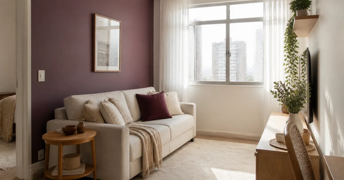 O roxo ameixa fica leve quando a sala sabe onde respirar
