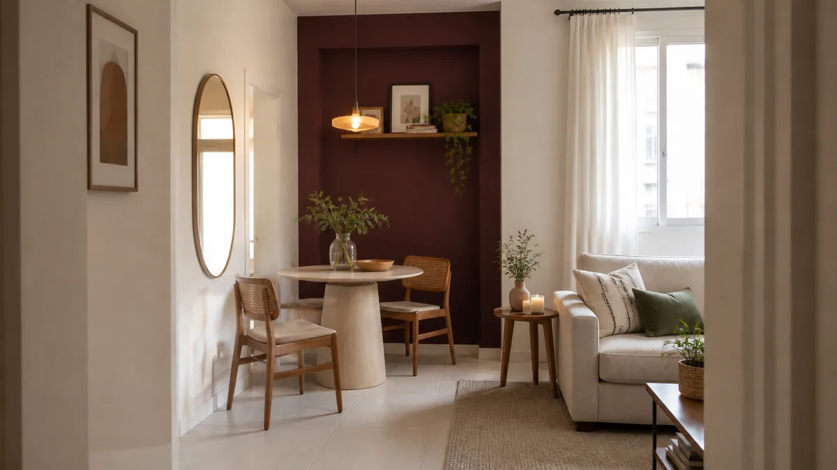 Sala integrada com nicho roxo ameixa, mesa clara, espelho, cortina leve e sofá neutro.