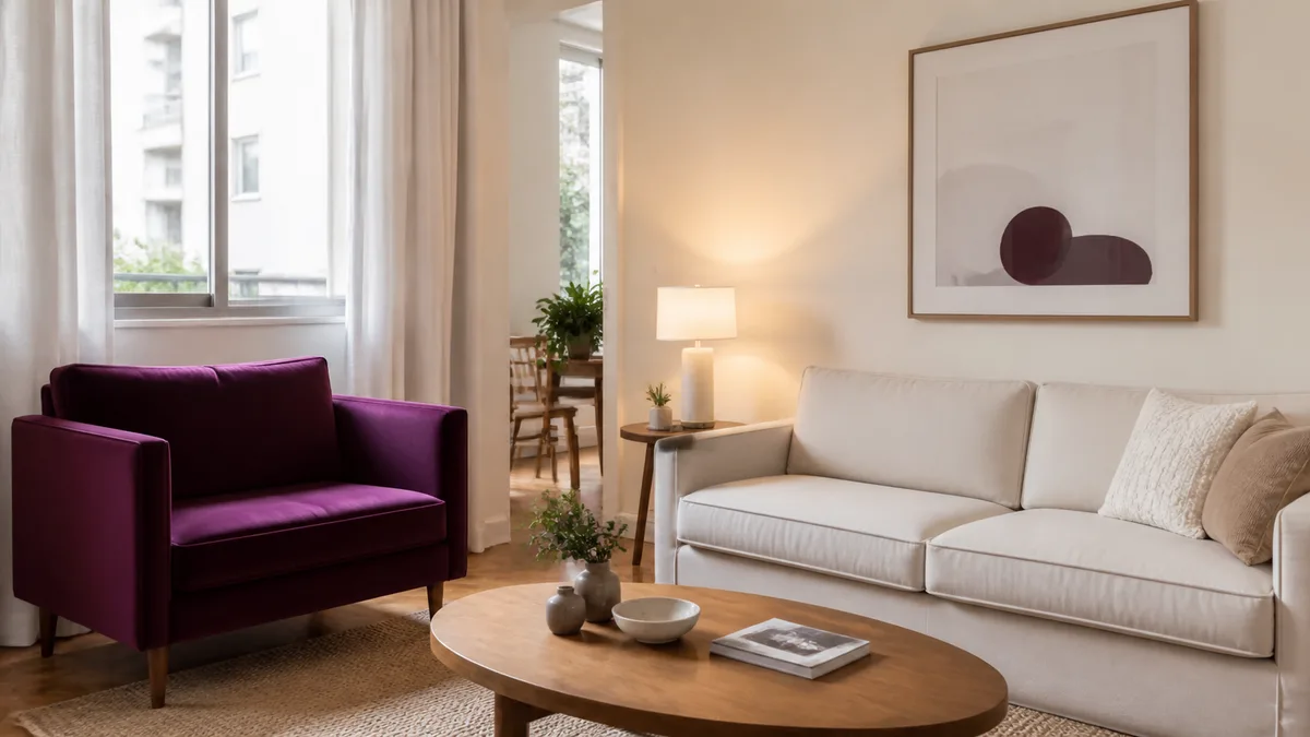 Poltrona roxo ameixa ao lado de sofá claro, mesa de madeira e luminária acesa em sala pequena.