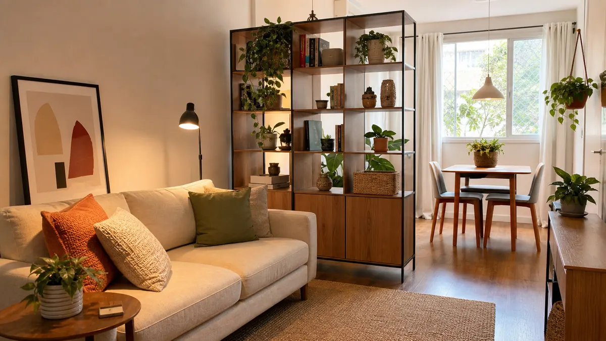 Sala de apartamento alugado com sofá compacto, estante modular solta, luminária de piso, plantas e canto de jantar ao fundo.