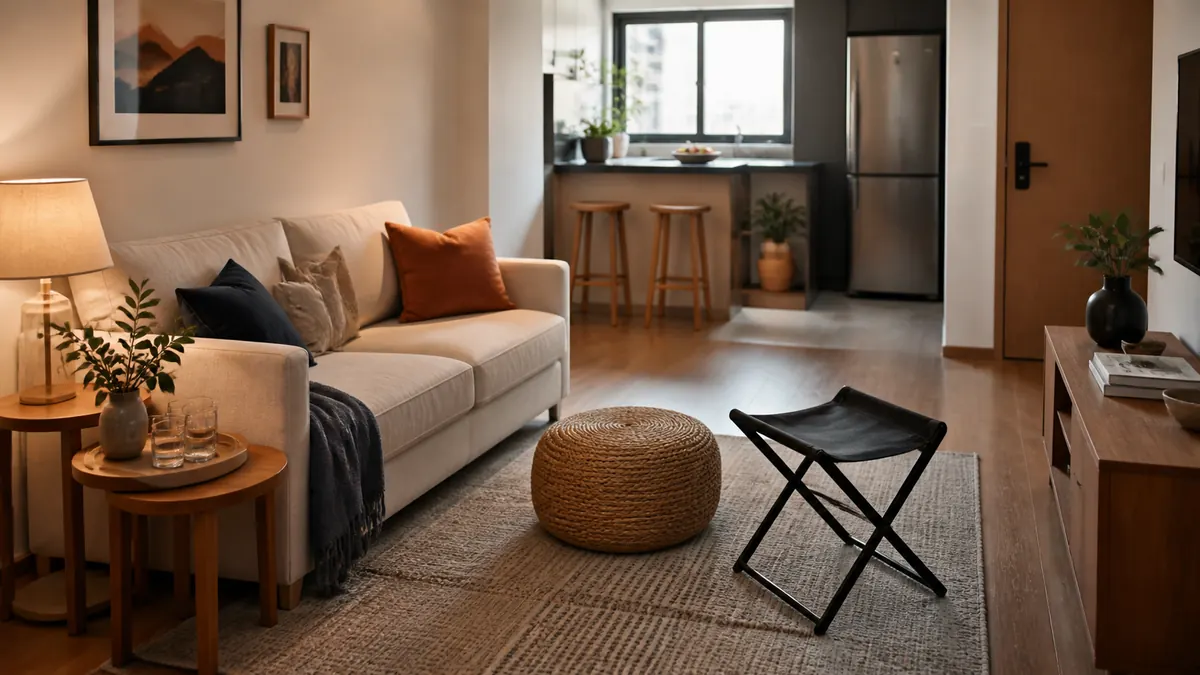 Sala compacta com sofá, pufe trançado e cadeira dobrável usados como assentos flexíveis para receber visitas.