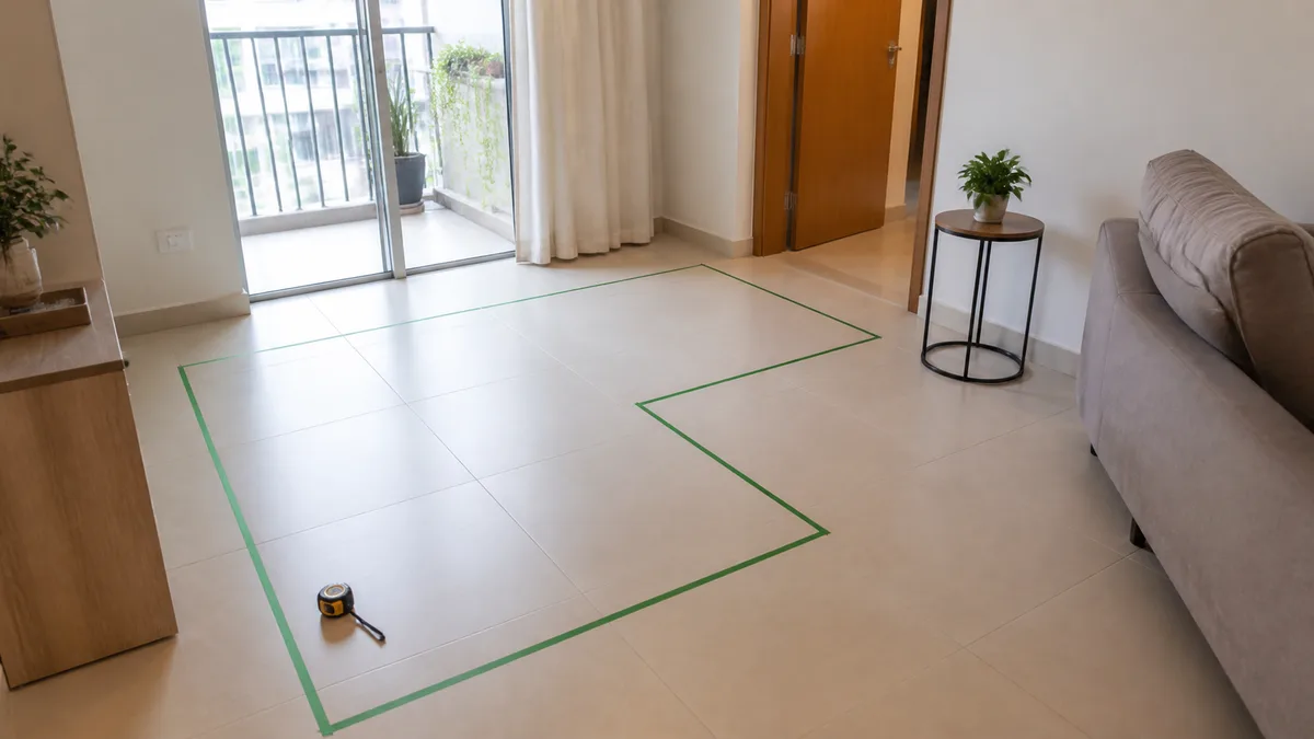 Piso de sala pequena com fita de pintura marcando o contorno de um sofá em L e a passagem até as portas.