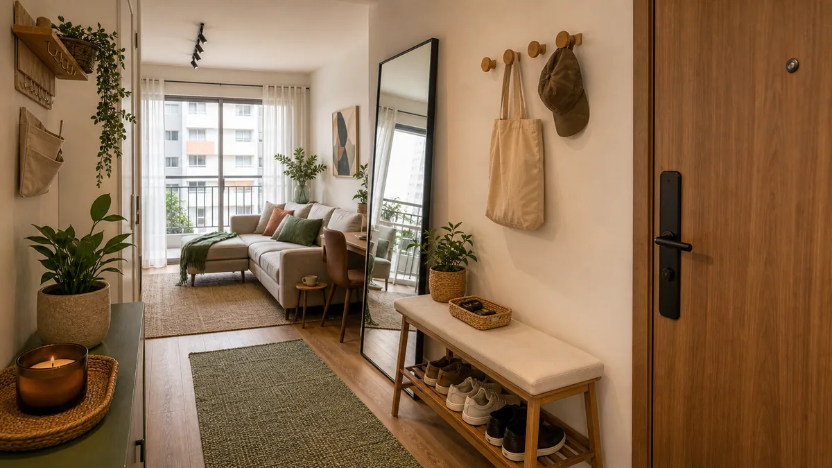 Entrada de apartamento alugado com banco sapateira solto, espelho apoiado, ganchos removíveis e tapete verde.