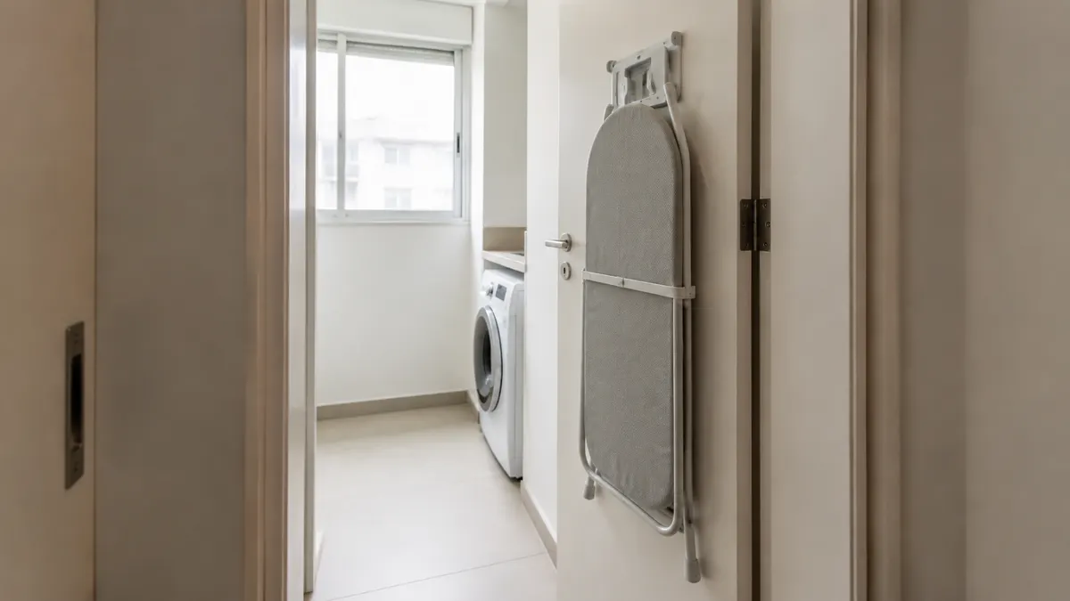 Lavanderia pequena com tábua de passar dobrada atrás da porta, máquina acessível e passagem livre.