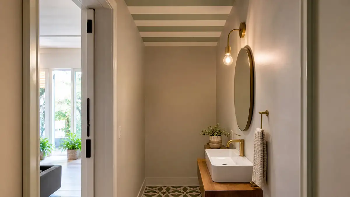 Lavabo pequeno de apartamento com pia branca, metais dourados, piso estampado discreto e teto listrado em verde suave.