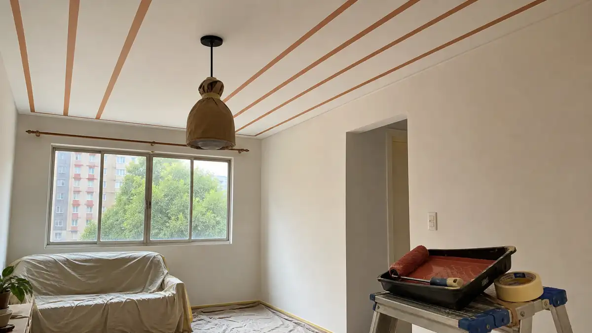 Sala de apartamento em preparação com fita crepe marcando listras paralelas no teto e sofá protegido por lona.