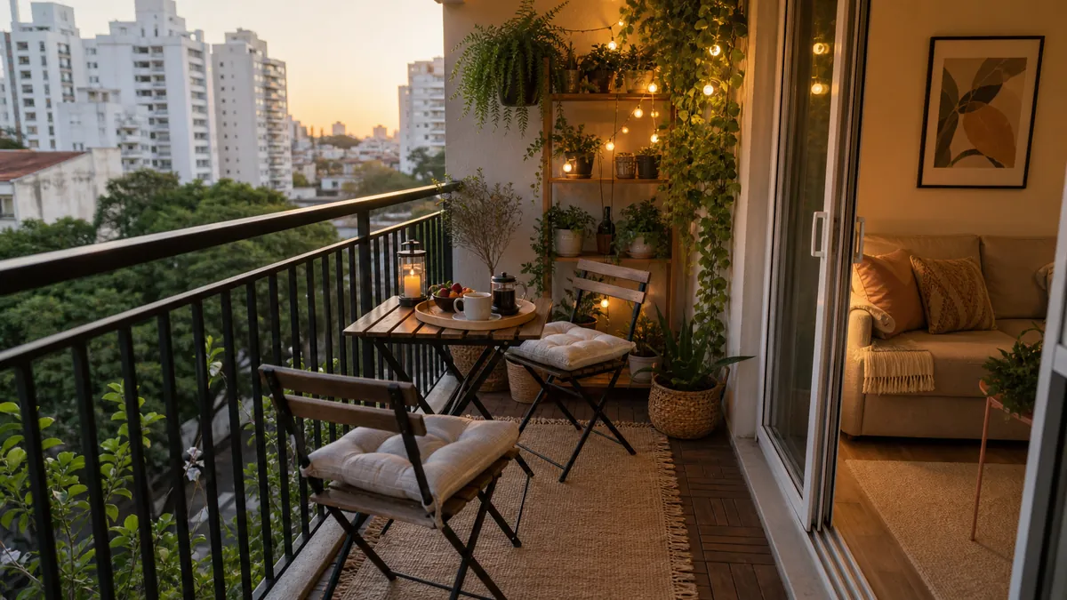 Varanda pequena com mesa dobrável, cadeiras compactas, bandeja de café, tapete externo e luz quente ao entardecer.